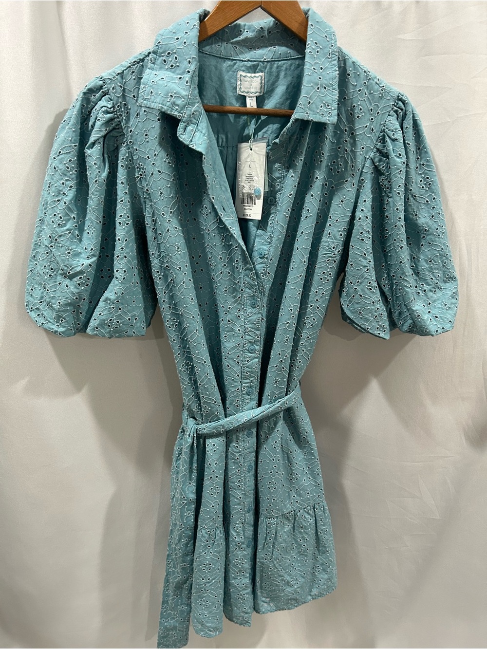Eyelet Puff-Sleeve Shirt Dress in light Teal